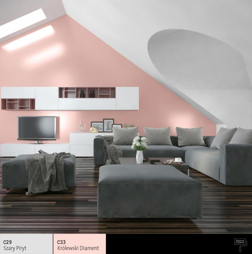 příklad řešení dekorace stěn v obývacím pokoji s použitím keramické matné barvy Magnat Ceramic