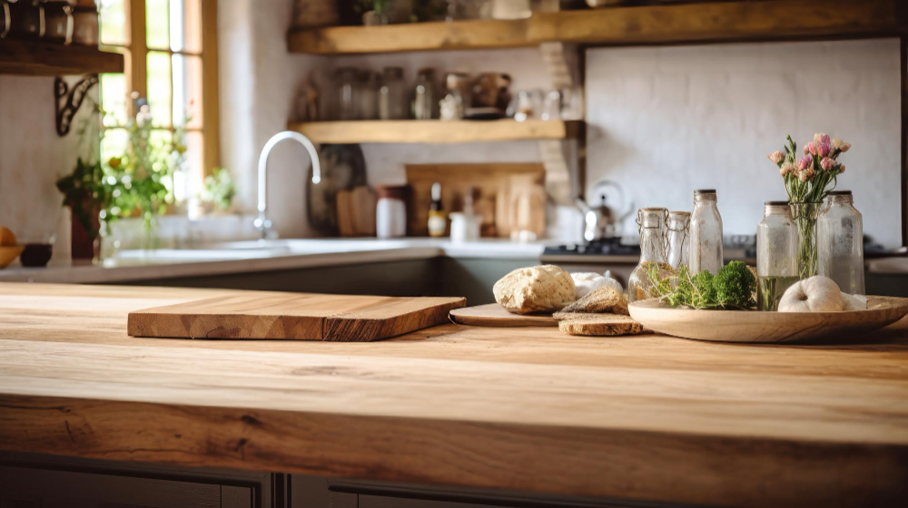 dřevěná pracovní deska v kuchyni
